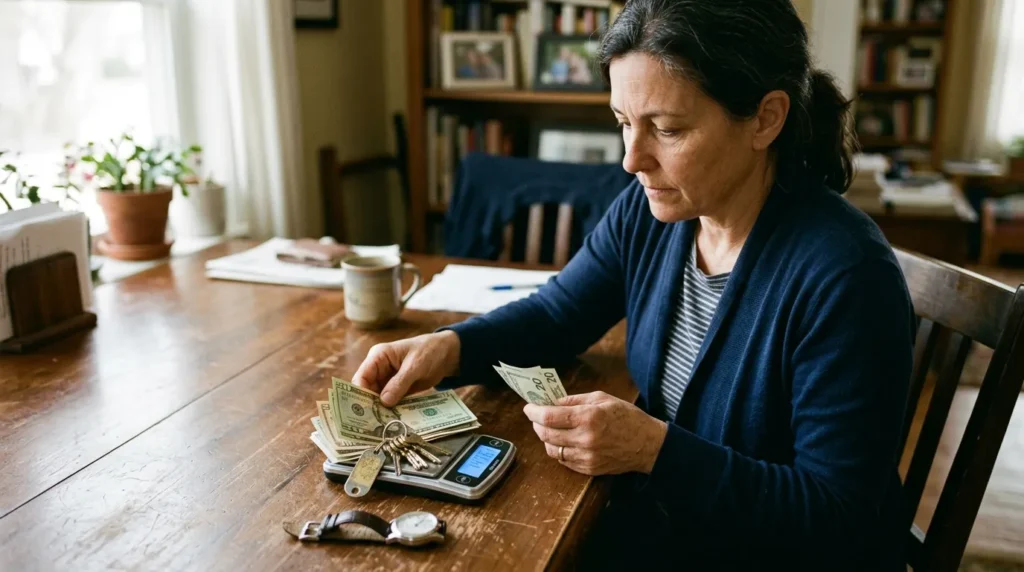 Personne à table pesant des billets, des clés et une montre, style photo.