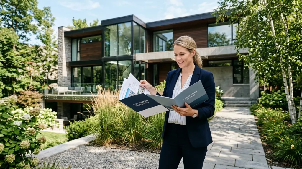 Conseiller immobilier comparant deux dossiers de biens devant une maison moderne.