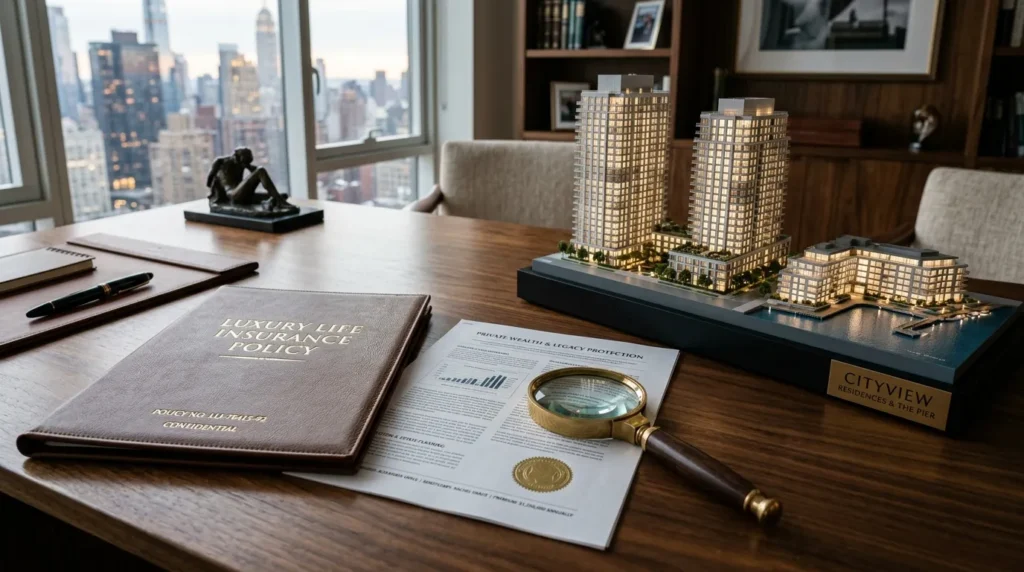 Contrat d’assurance-vie luxembourgeoise sur un bureau, loupe et maquettes d’immeubles SCPI.