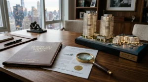 Contrat d’assurance-vie luxembourgeoise sur un bureau, loupe et maquettes d’immeubles SCPI.