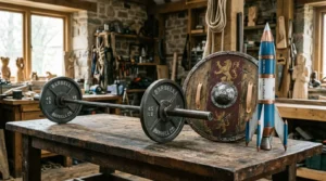 Photo d’un barbell sur table en bois, près d’un bouclier et d’une fusée.
