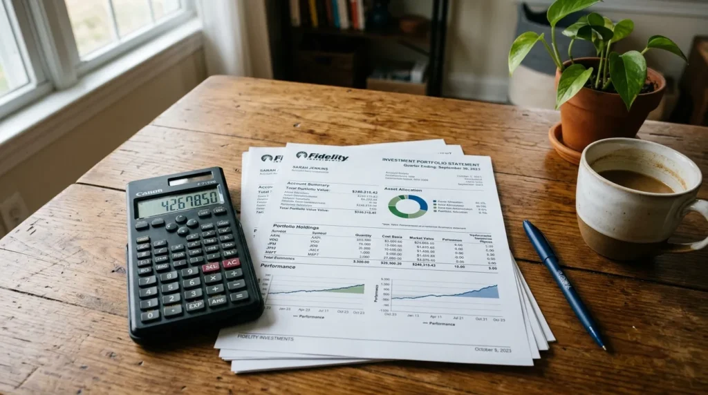Calculatrice près de relevés d’investissement sur un bureau en bois, style photo.