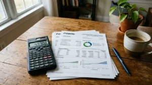 Calculatrice près de relevés d’investissement sur un bureau en bois, style photo.