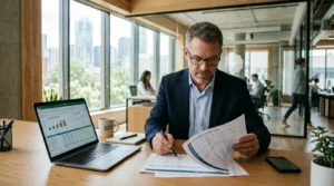 Homme d'affaires examinant des documents financiers près d'un ordinateur portable dans un bureau moderne.