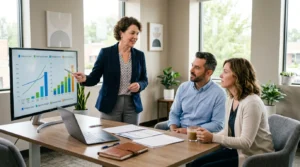 Consultant expliquant des graphiques d’assurance vie à un couple assis en bureau lumineux