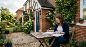 Personne consultant des documents de location près d’une maison, lumière naturelle.