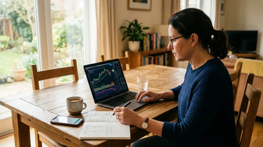 Personne consultant des graphiques d’investissement sur un ordinateur portable, à table en bois.