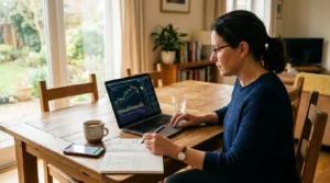 Personne consultant des graphiques d’investissement sur un ordinateur portable, à table en bois.