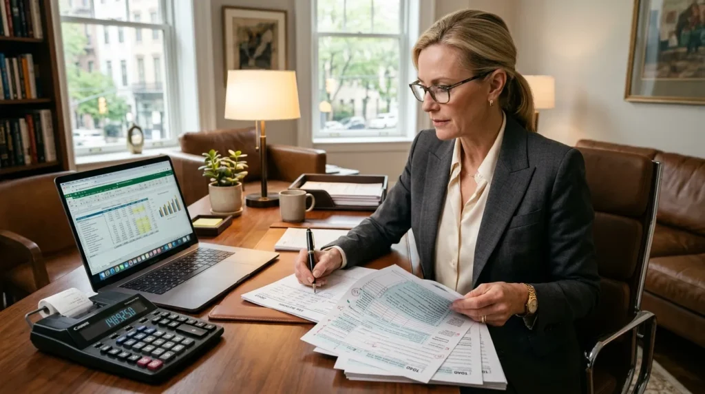 Professionnel fortuné examinant des documents fiscaux à son bureau, calculatrice et ordinateur portable.