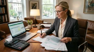 Professionnel fortuné examinant des documents fiscaux à son bureau, calculatrice et ordinateur portable.