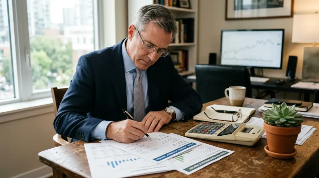 Un homme d'affaires consulte des papiers de dividendes près d'une calculatrice et d'une plante.