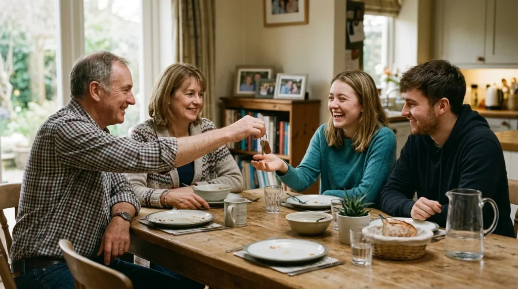 Parents remettant les clés d’une maison à leurs enfants adultes, succession familiale.