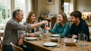 Parents remettant les clés d’une maison à leurs enfants adultes, succession familiale.