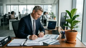 Homme d'affaires consultant des portefeuilles d’investissement près d’une plante en pot sur un bureau.