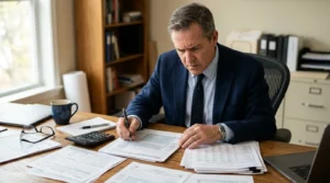 Homme d’affaires inquiet examinant des documents fiscaux à son bureau