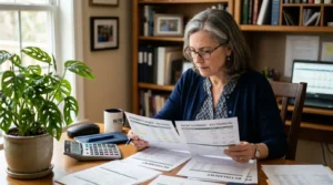 Personne comparant des documents retraite, avec calculatrice, plante et dossiers PER sur un bureau.