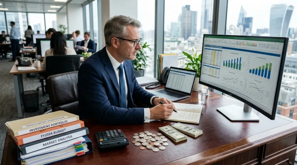 Homme d'affaires consultant des graphiques financiers, avec pièces, calculatrice et dossiers d’investissement sur un bureau.