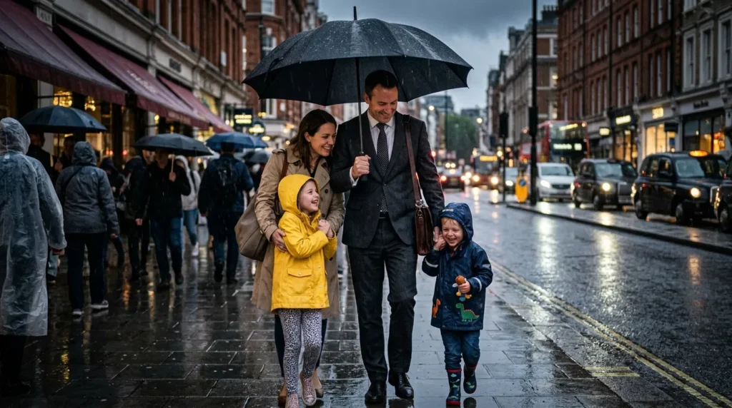 Dirigeant d’entreprise protégeant sa famille avec un parapluie, symbole de prévoyance, sous une pluie soudaine.