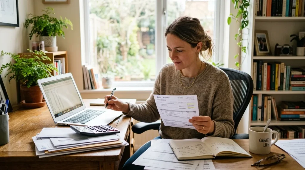 Freelance à son bureau, consultant ses factures près d’un ordinateur, ambiance prévoyance.