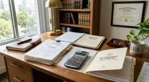 Bureau d’avocat avec documents, calculatrice et dossier retraite, baigné de lumière naturelle.