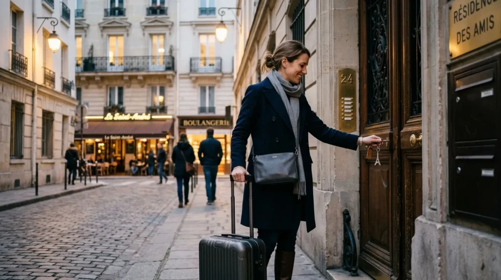 Voyageur d’affaires arrivant à Paris, valise en main et clés d’appartement d’impatrié.
