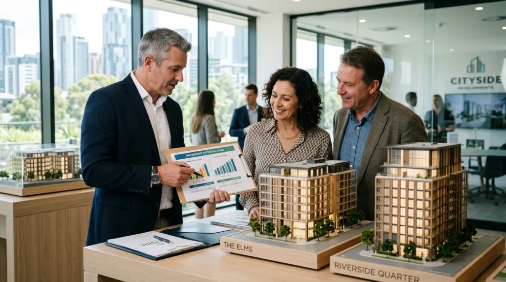 Conseiller financier et couple examinant des graphiques immobiliers près de maquettes d’immeubles.