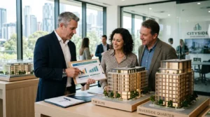 Conseiller financier et couple examinant des graphiques immobiliers près de maquettes d’immeubles.