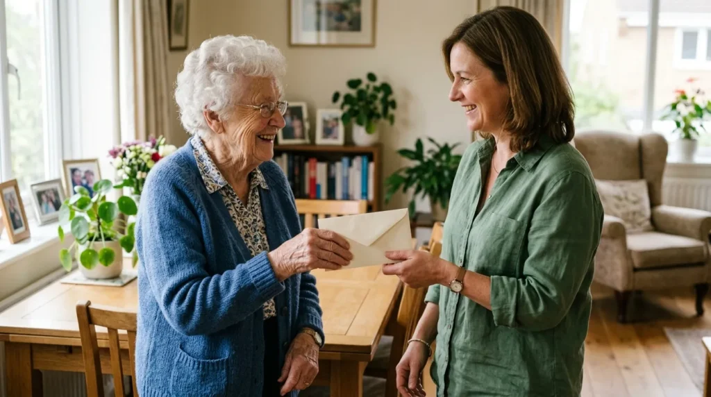 Personne âgée souriante remettant une enveloppe à son enfant adulte, évoquant une donation.
