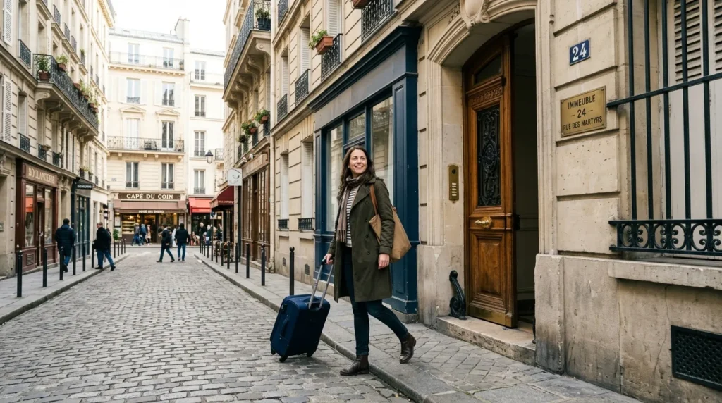 Voyageur quittant un appartement français avec valise, lumière naturelle, départ fiscal.