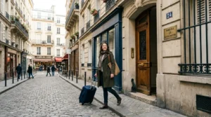 Voyageur quittant un appartement français avec valise, lumière naturelle, départ fiscal.