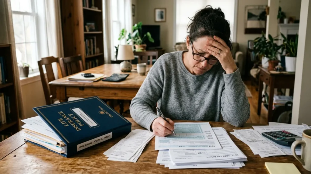 Personne inquiète consultant des documents fiscaux près d'un dossier d'assurance vie.
