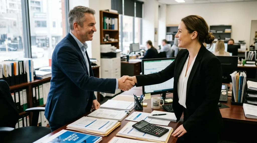 Chef d’entreprise serrant la main d’un comptable, documents, calculatrice et fiscalité sur la table.