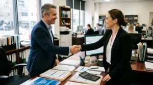 Chef d’entreprise serrant la main d’un comptable, documents, calculatrice et fiscalité sur la table.