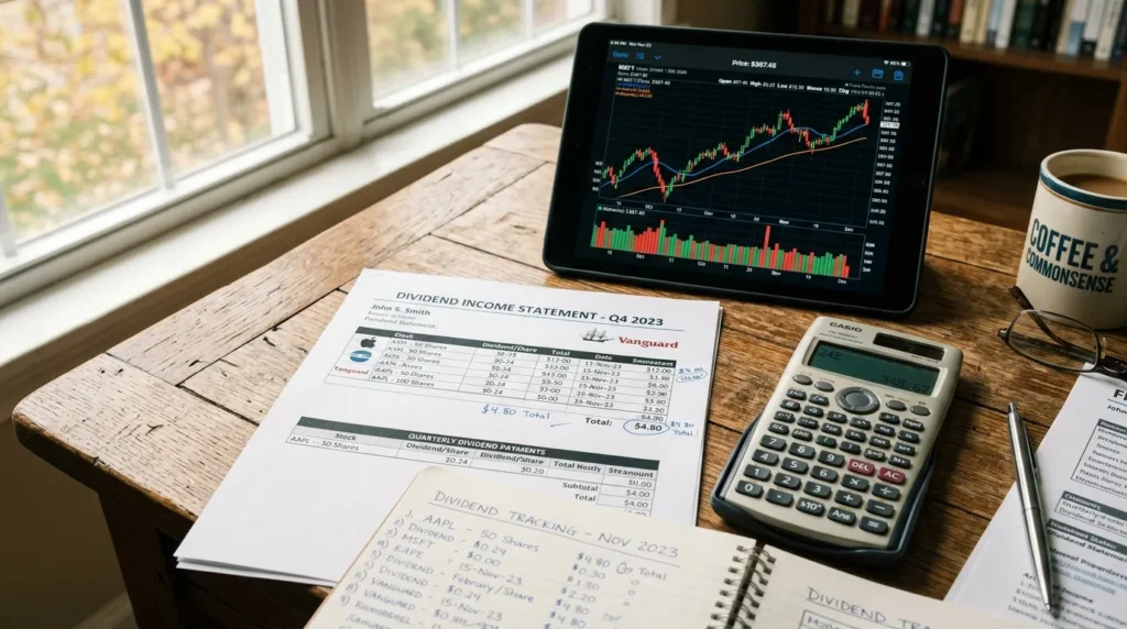Calculatrice près de relevés de dividendes et graphiques boursiers sur bureau en bois.