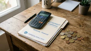 Calculatrice, dossier retraite et pièces françaises sur un bureau en bois, lumière naturelle.