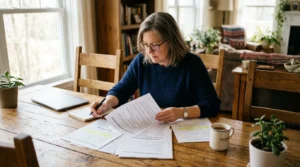 Personne examinant des documents d’assurance vie sur une table en bois, lumière naturelle.