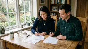 Couple signant des documents juridiques à un bureau en bois, lumière naturelle.