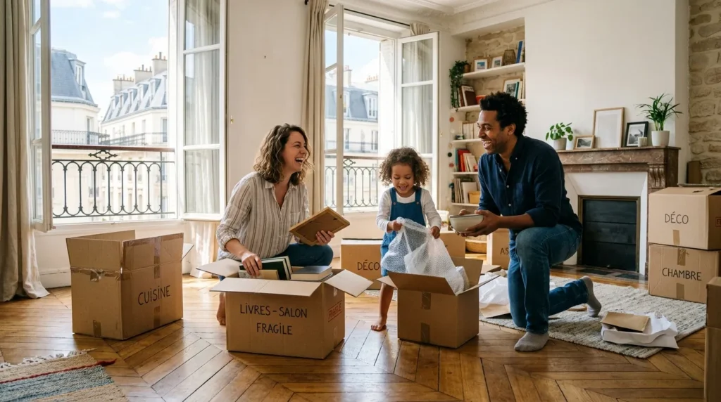 Famille heureuse déballant des cartons dans un appartement français lumineux, ambiance impatriés.