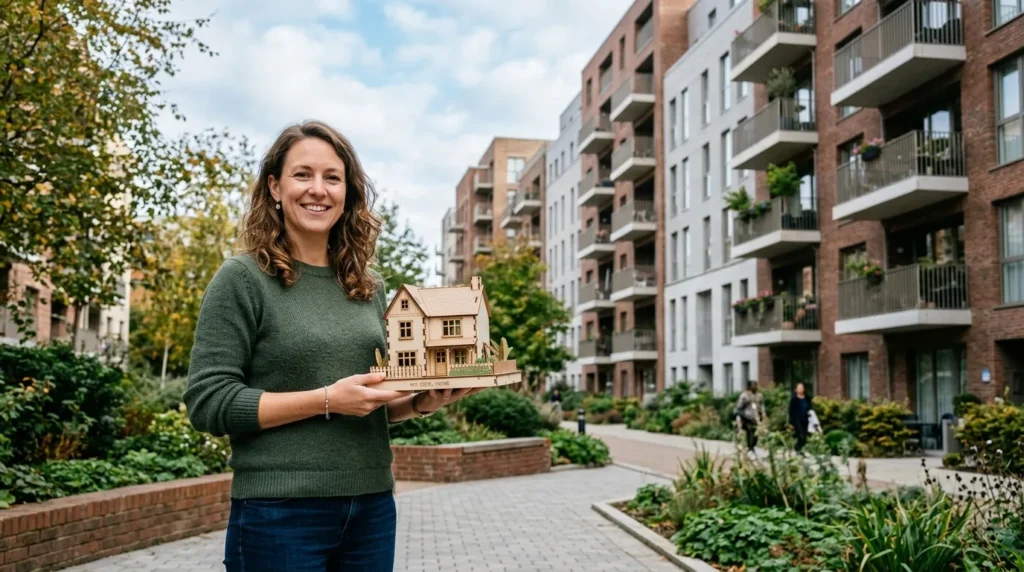 Personne tenant une maquette de maison devant des immeubles, concept d’investissement immobilier.