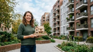 Personne tenant une maquette de maison devant des immeubles, concept d’investissement immobilier.